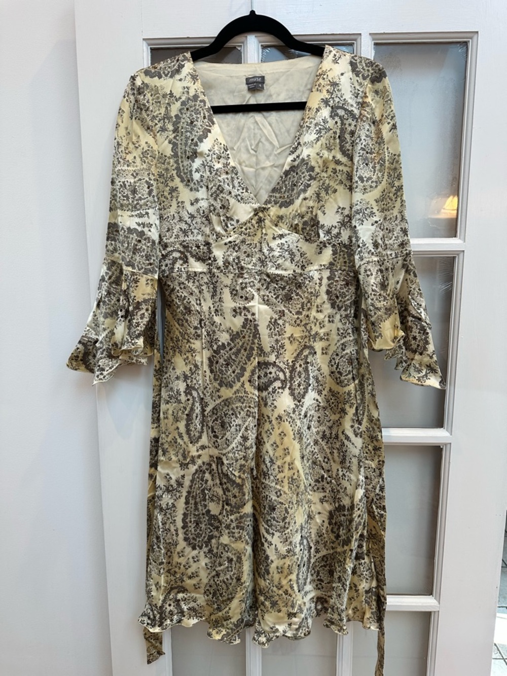 Vintage Muse Y2K Goth Silk Babydoll Ombre Gold Cream Paisley Sequin Dress Size 4